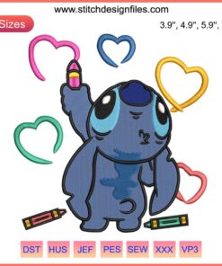 Cute Disney Stitch Embroidery Design: Stitch Drawing Heart; Adorable Digital Stitching for Crafts & Sewing Projects.