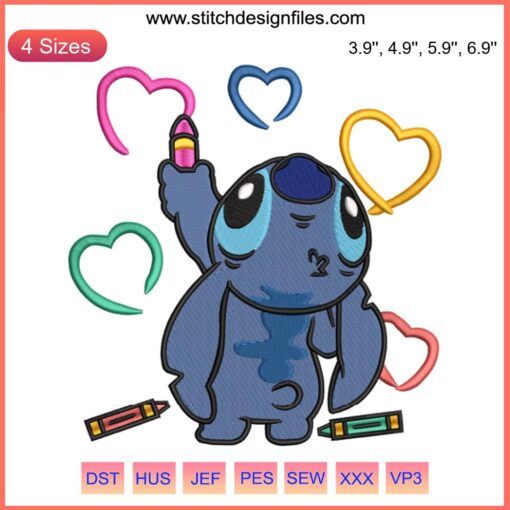 Cute Disney Stitch Embroidery Design: Stitch Drawing Heart; Adorable Digital Stitching for Crafts & Sewing Projects.