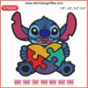 Embroidery design of Stitch holding an autism awareness heart, vibrant stitching details, promoting neurodiversity.