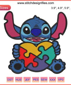 Embroidery design of Stitch holding an autism awareness heart, vibrant stitching details, promoting neurodiversity.