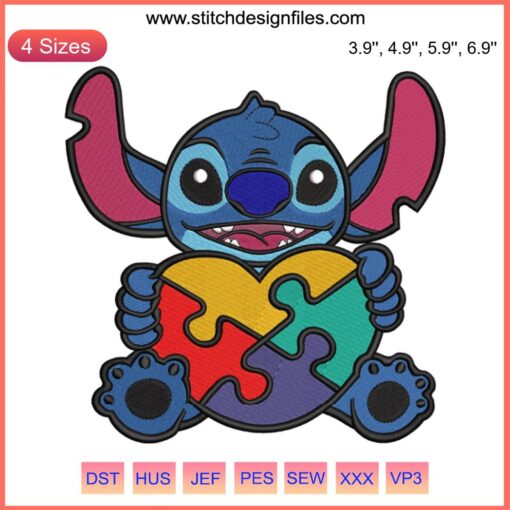 Embroidery design of Stitch holding an autism awareness heart, vibrant stitching details, promoting neurodiversity.