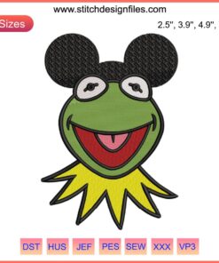 Kermit the Frog Mickey Ears Embroidery Design featuring vibrant Disney Muppetland theme for digital stitching projects.