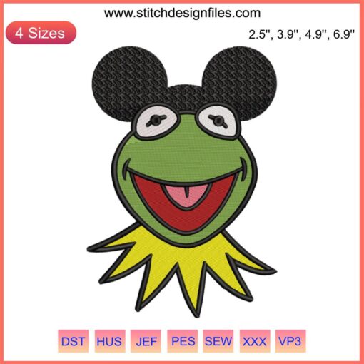 Kermit the Frog Mickey Ears Embroidery Design featuring vibrant Disney Muppetland theme for digital stitching projects.