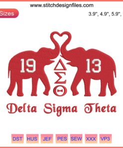 Delta Sigma Theta 1913 Elephant Embroidery Design featuring intricate stitches with 1913 AEO, perfect for sorority crafting.
