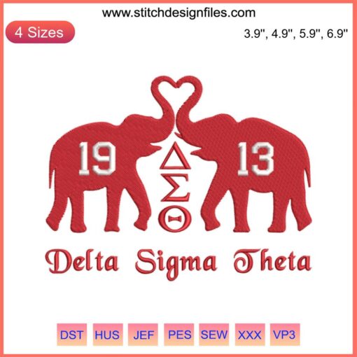 Delta Sigma Theta 1913 Elephant Embroidery Design featuring intricate stitches with 1913 AEO, perfect for sorority crafting.