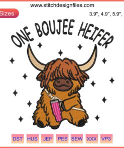 Highland Cow Embroidery Design: Boujee Heifer in Western Country Style, Perfect for Valentine’s Digital Stitching Projects.