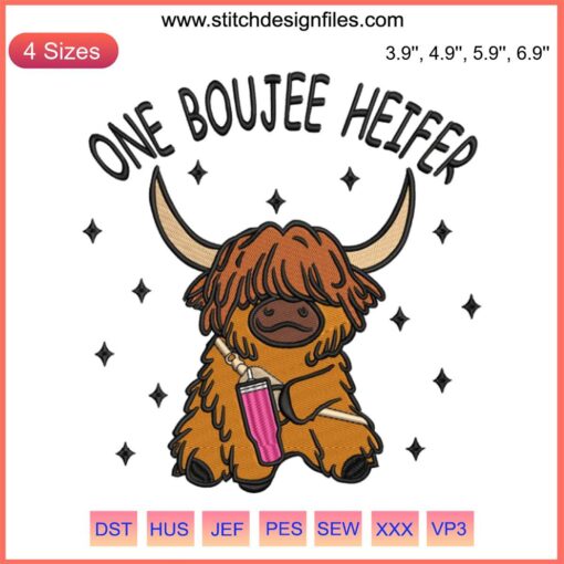 Highland Cow Embroidery Design: Boujee Heifer in Western Country Style, Perfect for Valentine’s Digital Stitching Projects.