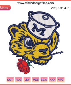 Michigan Wolverines logo with rose embroidery design, perfect for digital stitching, showcasing Big Ten football pride.