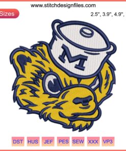 Michigan Wolverines mascot embroidery design, digital stitching of iconic Michigan football logo, perfect for sports fans.