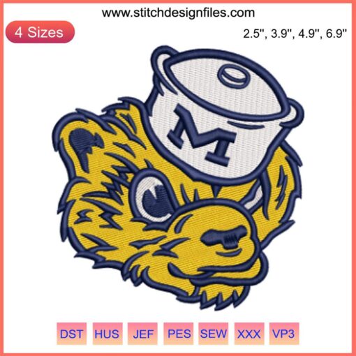 Michigan Wolverines mascot embroidery design, digital stitching of iconic Michigan football logo, perfect for sports fans.
