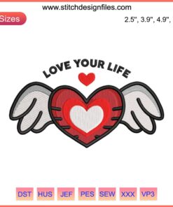 Winged Heart Embroidery Design: Valentine’s Gift, Love Your Life Theme, Digital Stitching, Red Heart with Wings, Romantic Decor