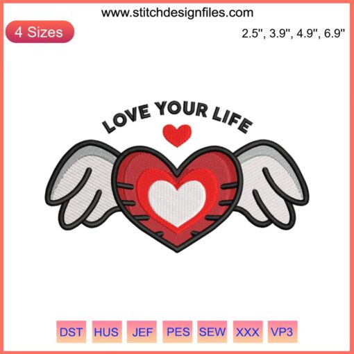 Winged Heart Embroidery Design: Valentine’s Gift, Love Your Life Theme, Digital Stitching, Red Heart with Wings, Romantic Decor