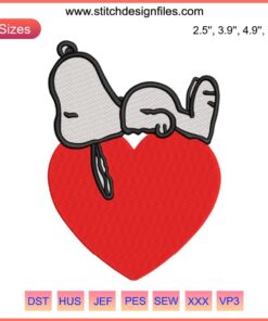 Cute Snoopy laying atop a heart embroidery design, perfect for Valentine's Day stitching projects. Ideal for DIY crafters.