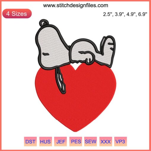 Cute Snoopy laying atop a heart embroidery design, perfect for Valentine's Day stitching projects. Ideal for DIY crafters.