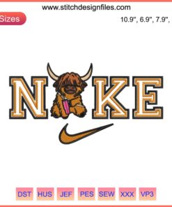 "Nike Highland Cow Valentine Embroidery Design - Cute cow with heart detail, perfect for digital stitching enthusiasts."
