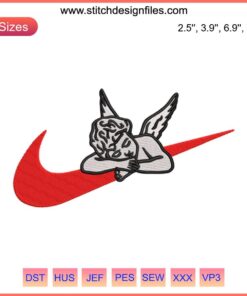 Swoosh Cupid Angel Embroidery Design: Adorable sleeping Cupid with wings, perfect for digital stitching projects.