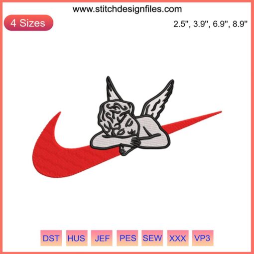 Swoosh Cupid Angel Embroidery Design: Adorable sleeping Cupid with wings, perfect for digital stitching projects.