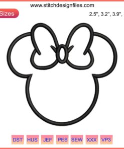 "Disney Minnie Outline Head Embroidery: Digital Stitching Design, Black Thread, Precise Detailing, Iconic Bow, Mouse Ears"