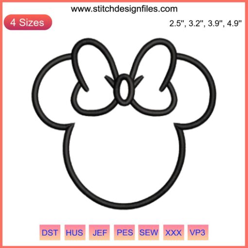 "Disney Minnie Outline Head Embroidery: Digital Stitching Design, Black Thread, Precise Detailing, Iconic Bow, Mouse Ears"
