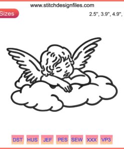 Baby angel sleeping on cloud embroidery design, digital Cupid stitching, celestial newborn art, delicate fabric embellishment.