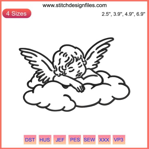 Baby angel sleeping on cloud embroidery design, digital Cupid stitching, celestial newborn art, delicate fabric embellishment.