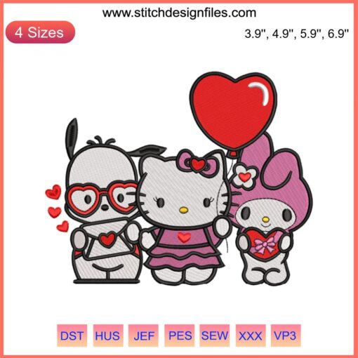 Valentine Hello Kitty & Friends Embroidery Design: Cute Sanrio characters with hearts, perfect for Valentine's Day stitching projects.