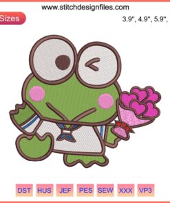 Keroppi Holding Flowers Embroidery Design | Sanrio Character Digitizing File