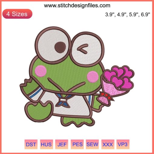Keroppi Holding Flowers Embroidery Design | Sanrio Character Digitizing File