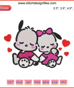 Pochacco and Pochamii Valentine Embroidery Design, cute Valentine's gift digitizing file, perfect for kids' Valentine crafts.