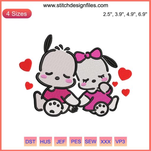 Pochacco and Pochamii Valentine Embroidery Design, cute Valentine's gift digitizing file, perfect for kids' Valentine crafts.