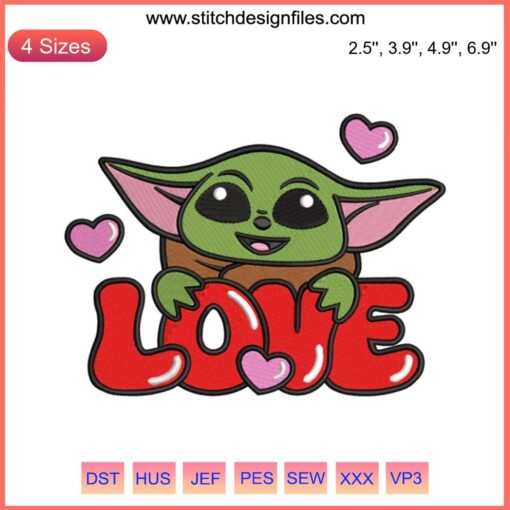 "Love Baby Yoda Valentine Embroidery Design: Adorable Baby Yoda holding hearts, perfect Valentine's Day gift embroidery file."