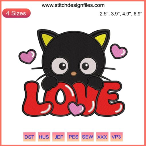 Sanrio Valentine's Day Love Chococat Embroidery Design featuring heart motifs, perfect for digital stitching projects.