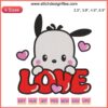 Cute Pochacco Valentine Embroidery Design, featuring Sanrio's beloved character holding a heart, perfect for Valentine's Day stitching.