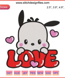 Cute Pochacco Valentine Embroidery Design, featuring Sanrio's beloved character holding a heart, perfect for Valentine's Day stitching.