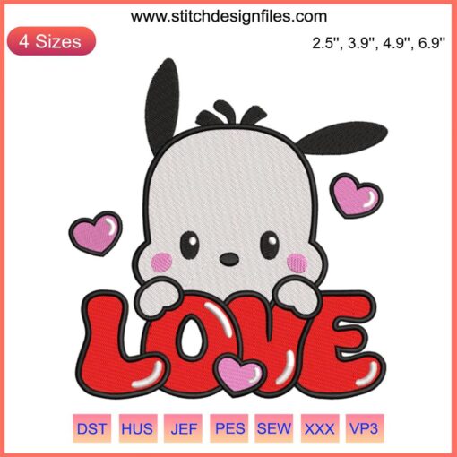 Cute Pochacco Valentine Embroidery Design, featuring Sanrio's beloved character holding a heart, perfect for Valentine's Day stitching.