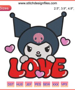 Kuromi Valentine Embroidery Design: Heart-themed Sanrio digital stitching featuring Love Kuromi for Valentine's Day.