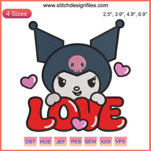 Kuromi Valentine Embroidery Design: Heart-themed Sanrio digital stitching featuring Love Kuromi for Valentine's Day.
