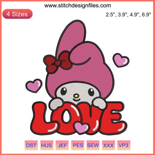 My Melody Valentine Embroidery Design | Cute Sanrio Valentine's Day Stitching with Hearts | Digital Download