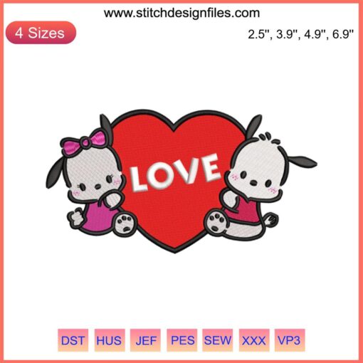 Love Pochacco Pochamii Embroidery Design: Cute Valentine's Day Digital Stitching, Kawaii Character Gift for Romantic Embroidery.