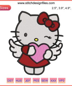 Hello Kitty Cupid Valentine Embroidery Design: Cute Hello Kitty with wings, bow, and heart arrow. Perfect for digital stitching projects.