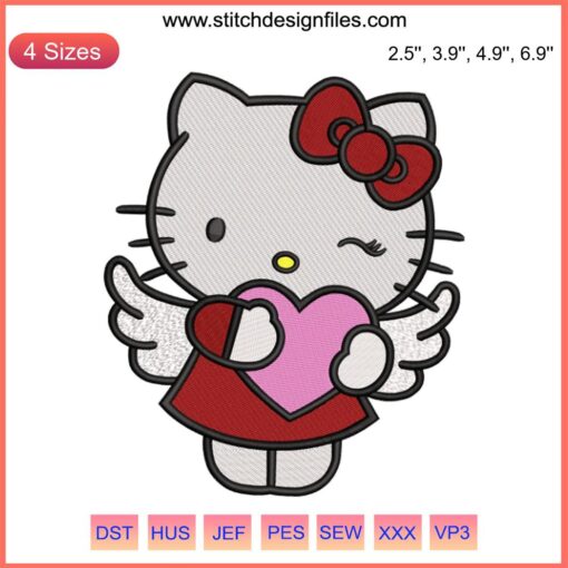 Hello Kitty Cupid Valentine Embroidery Design: Cute Hello Kitty with wings, bow, and heart arrow. Perfect for digital stitching projects.