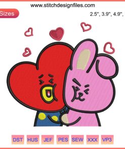Tata and Cooky Embroidery Design featuring BTS characters in vibrant digital stitching pattern; perfect for Kpop fans.