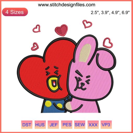 Tata and Cooky Embroidery Design featuring BTS characters in vibrant digital stitching pattern; perfect for Kpop fans.
