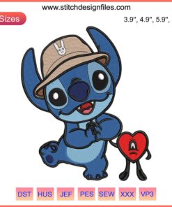 Stitch and Bad Bunny Heart Embroidery Design | Adorable Disney-themed stitching pattern | Cute cross-stitch for craft lovers.