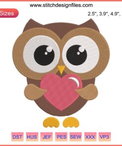 Adorable owl with a heart embroidery design, perfect for Valentine's Day digital stitching projects.
