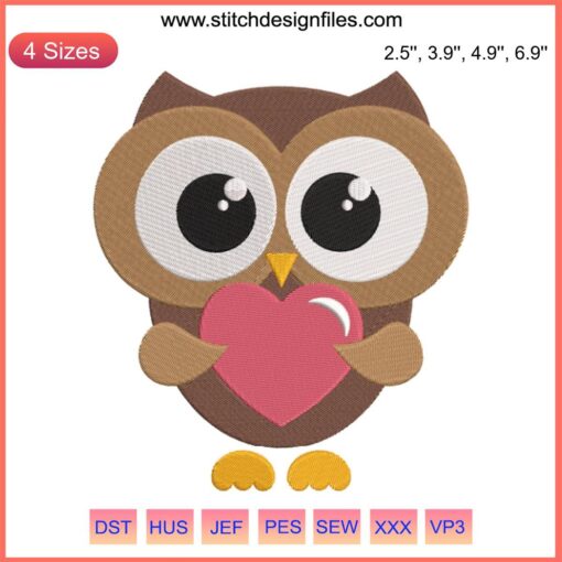 Adorable owl with a heart embroidery design, perfect for Valentine's Day digital stitching projects.