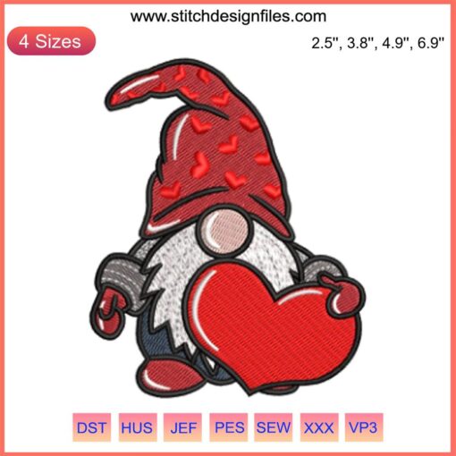 Digital Valentine Gnome with Heart Embroidery Design | Cute Stitching for Valentine's Day | DIY Embroidery Art