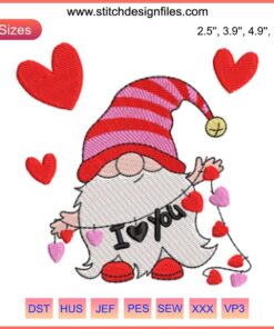 Valentine Gnome I Love You Embroidery Design featuring a whimsical gnome holding a heart, perfect for Valentine's Day stitching projects.