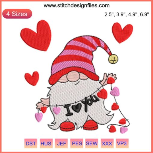 Valentine Gnome I Love You Embroidery Design featuring a whimsical gnome holding a heart, perfect for Valentine's Day stitching projects.