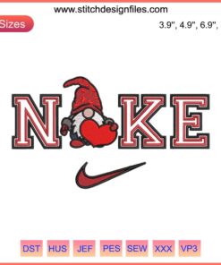 Nike Gnome Heart Embroidery Design - Valentine-themed digital gnome stitching with heart motif, perfect for unique gifts.